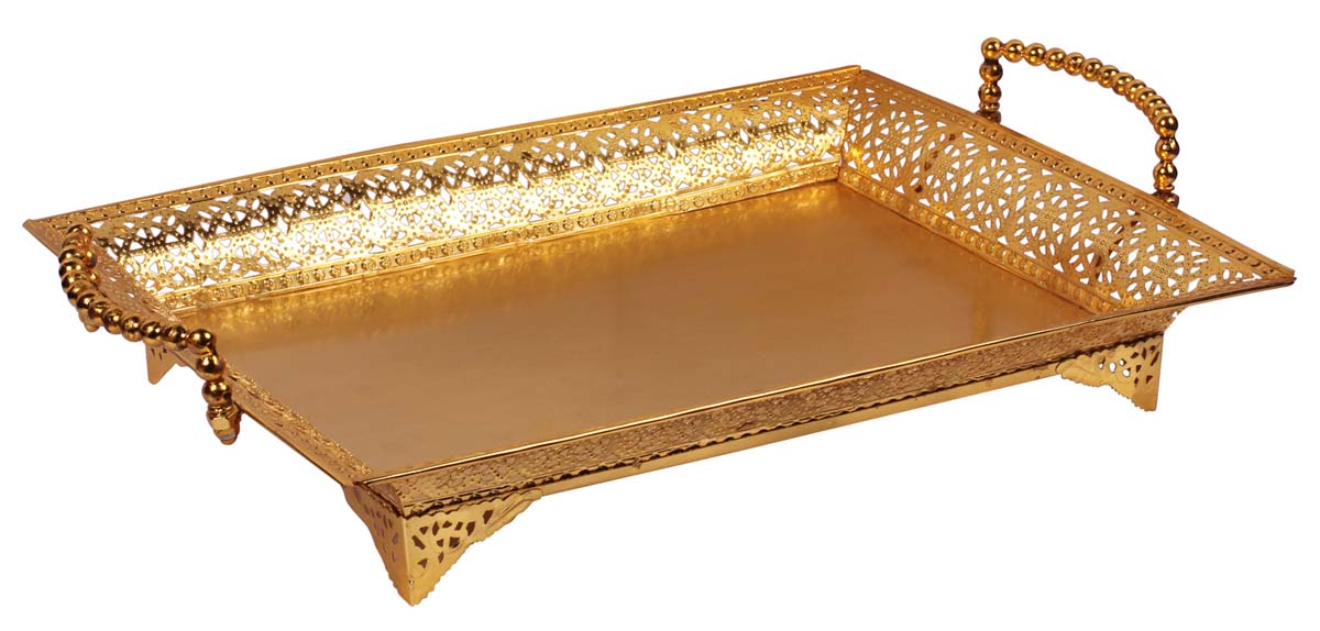 Bulk Wholesale Metal Tray with 17” Decorative Jali-Work & Beaded Handles - Golden Color - Antique-Look Home Decor from India